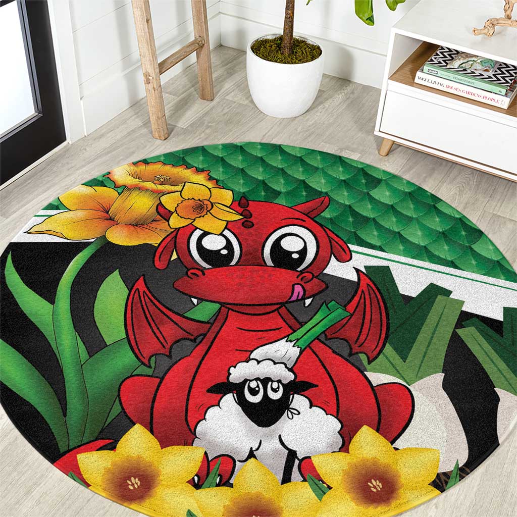 Saint David's Day Round Carpet Green Welsh Dragon Daffodil Sheep Leak - Wonder Print Shop