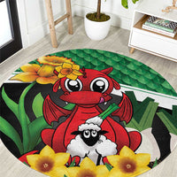 Saint David's Day Round Carpet Green Welsh Dragon Daffodil Sheep Leak - Wonder Print Shop