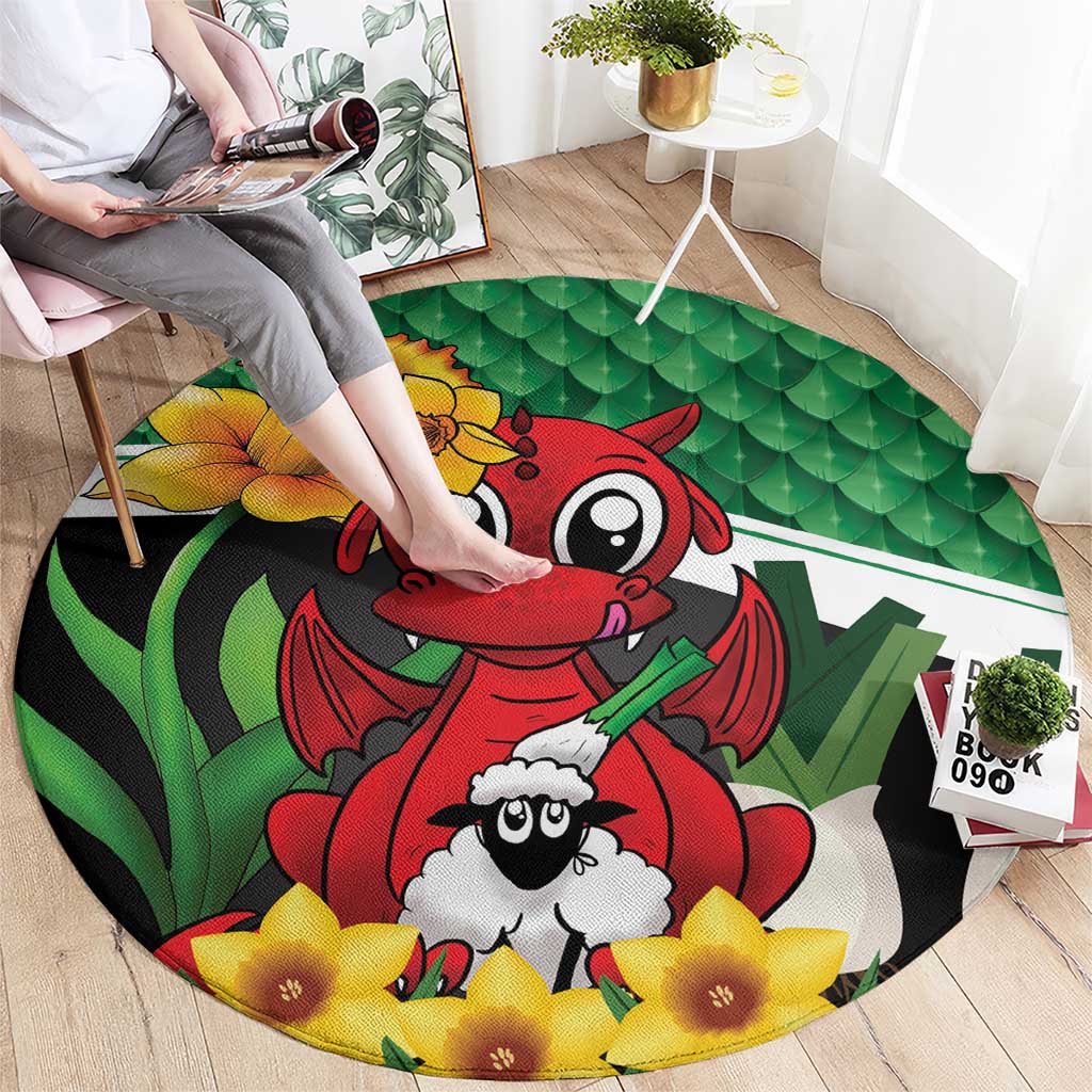 Saint David's Day Round Carpet Green Welsh Dragon Daffodil Sheep Leak - Wonder Print Shop