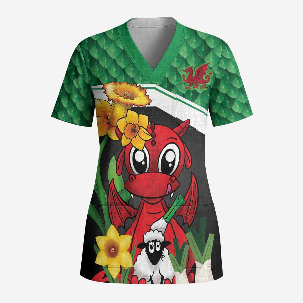 Saint David's Day Personalized Scrub Top Green Welsh Dragon Daffodil Sheep Leak - Wonder Print Shop