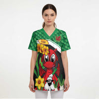 Saint David's Day Personalized Scrub Top Green Welsh Dragon Daffodil Sheep Leak - Wonder Print Shop