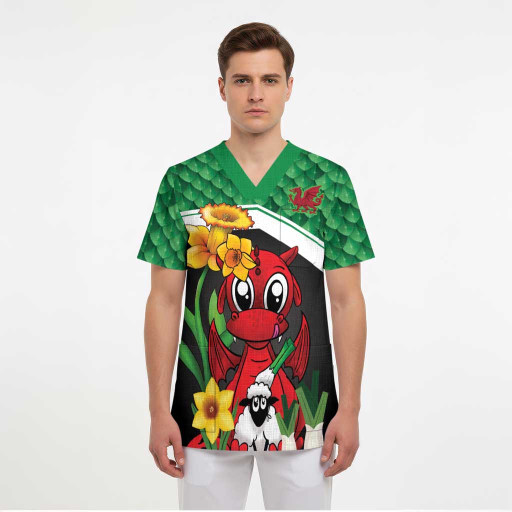 Saint David's Day Personalized Scrub Top Green Welsh Dragon Daffodil Sheep Leak - Wonder Print Shop