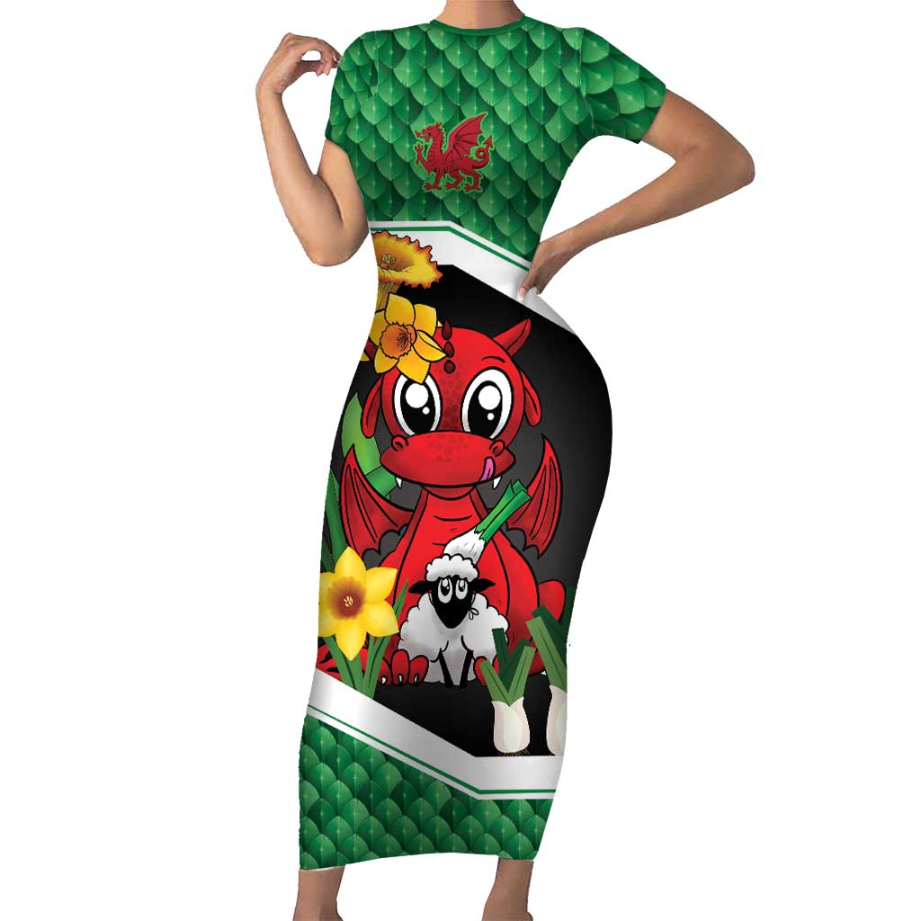 Saint David's Day Personalized Short Sleeve Bodycon Dress Green Welsh Dragon Daffodil Sheep Leak - Wonder Print Shop