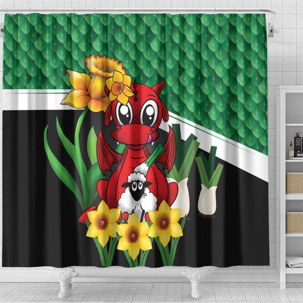 Saint David's Day Shower Curtain Green Welsh Dragon Daffodil Sheep Leak - Wonder Print Shop