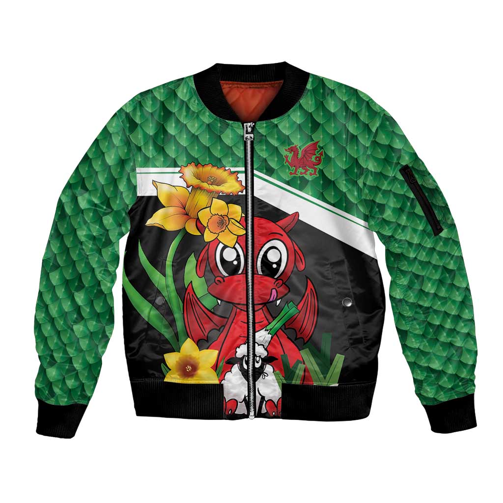Saint David's Day Personalized Sleeve Zip Bomber Jacket Green Welsh Dragon Daffodil Sheep Leak - Wonder Print Shop