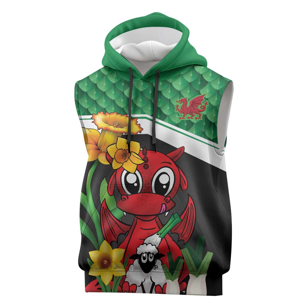 Saint David's Day Personalized Sleeveless Hoodie Green Welsh Dragon Daffodil Sheep Leak - Wonder Print Shop