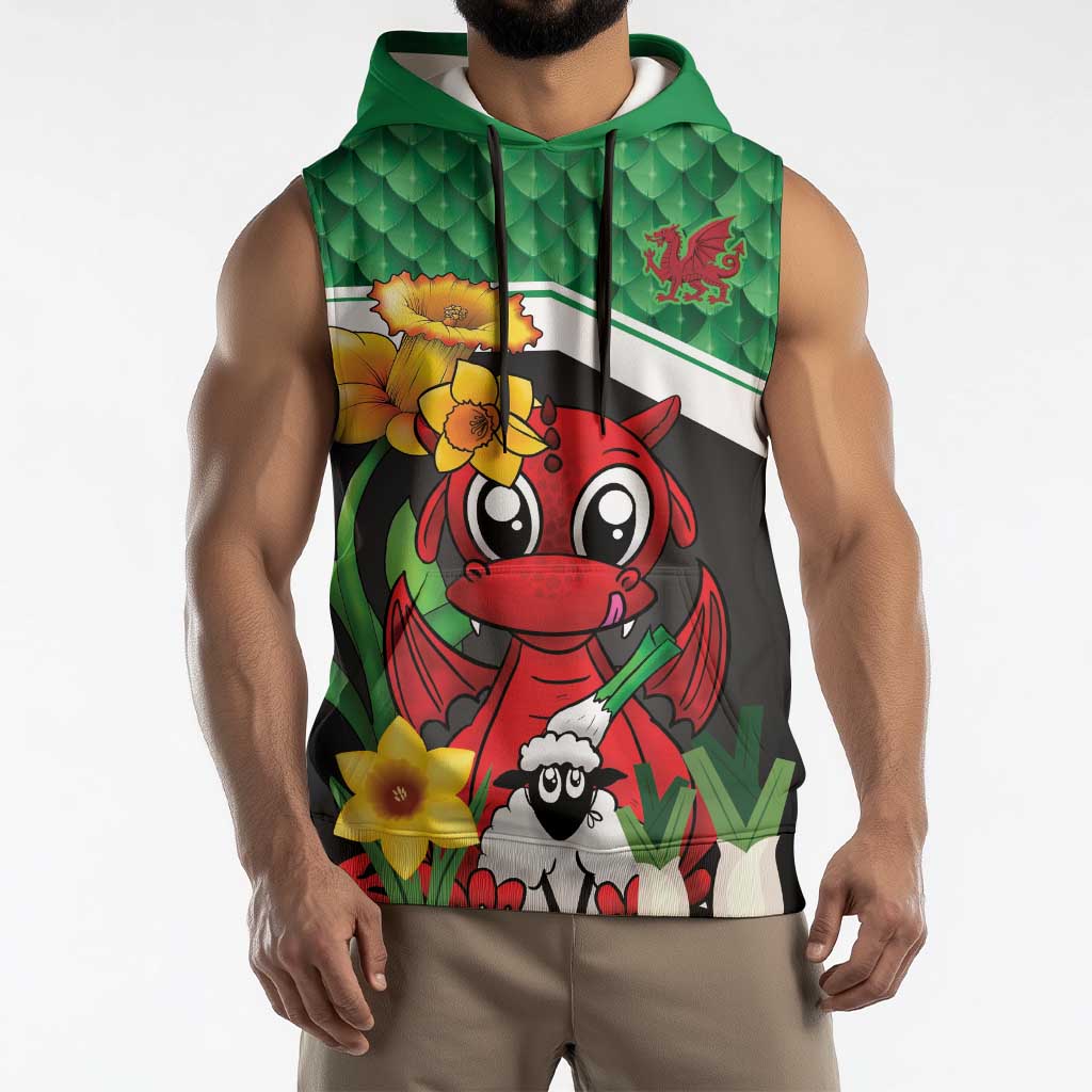Saint David's Day Personalized Sleeveless Hoodie Green Welsh Dragon Daffodil Sheep Leak - Wonder Print Shop