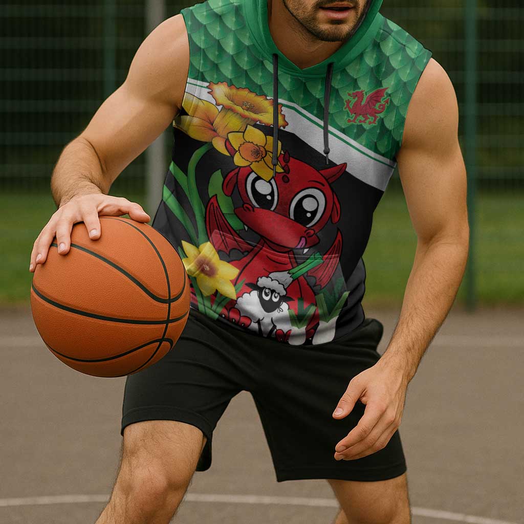 Saint David's Day Personalized Sleeveless Hoodie Green Welsh Dragon Daffodil Sheep Leak - Wonder Print Shop