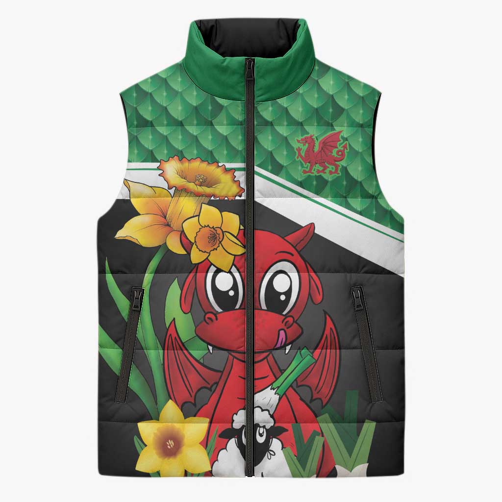 Saint David's Day Personalized Sleeveless Puffer Jacket Green Welsh Dragon Daffodil Sheep Leak - Wonder Print Shop