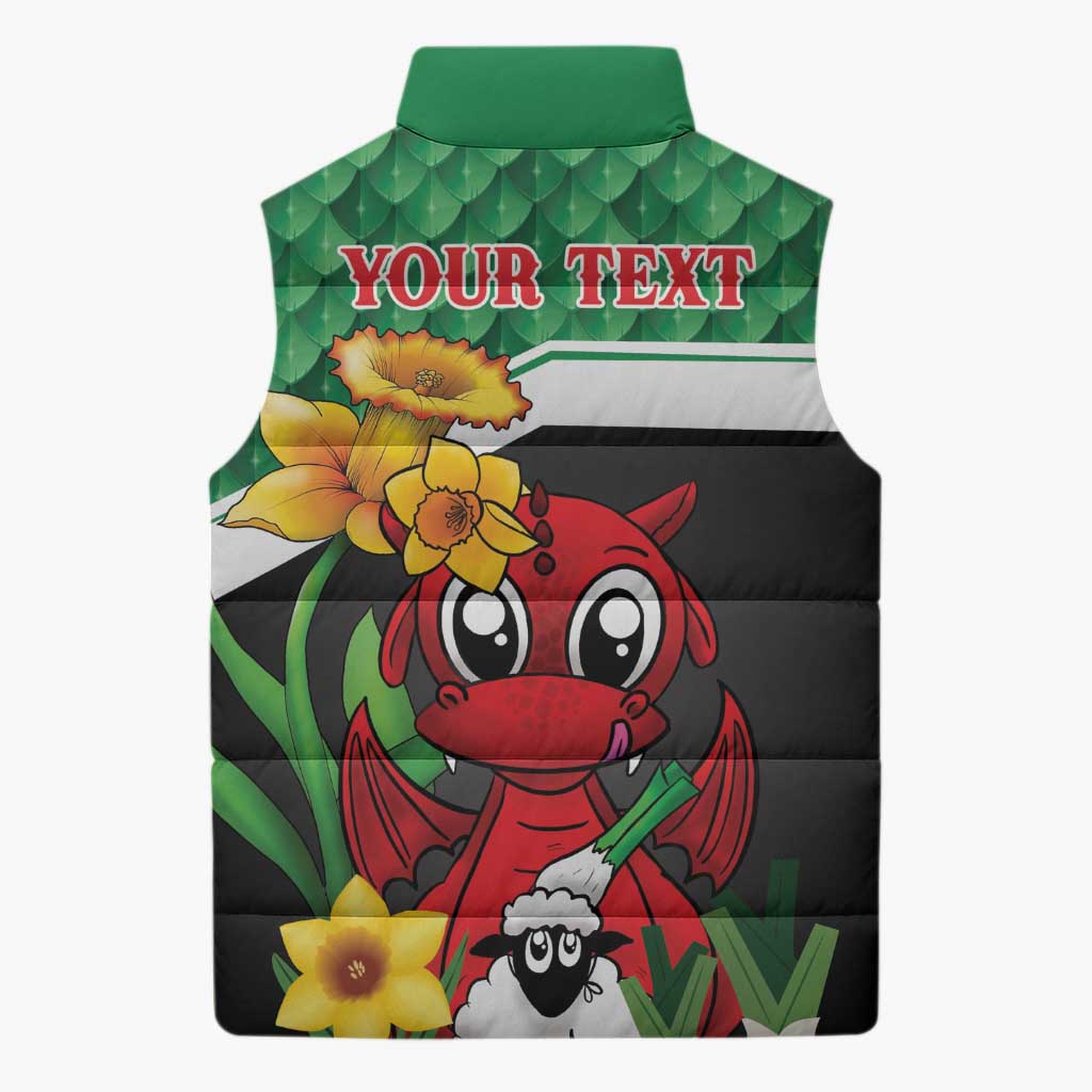 Saint David's Day Personalized Sleeveless Puffer Jacket Green Welsh Dragon Daffodil Sheep Leak - Wonder Print Shop