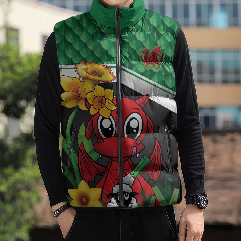Saint David's Day Personalized Sleeveless Puffer Jacket Green Welsh Dragon Daffodil Sheep Leak - Wonder Print Shop