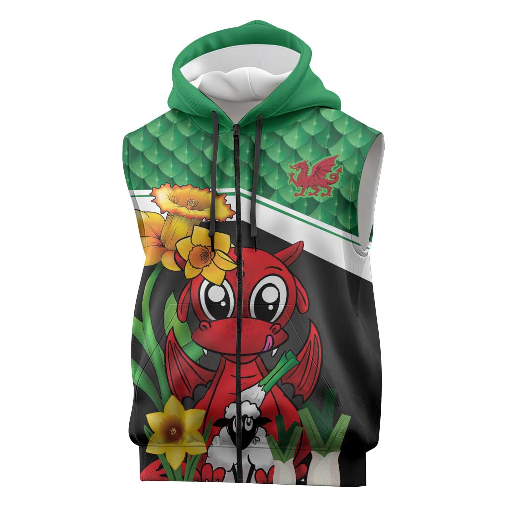 Saint David's Day Personalized Sleeveless Zip Hoodie Green Welsh Dragon Daffodil Sheep Leak - Wonder Print Shop