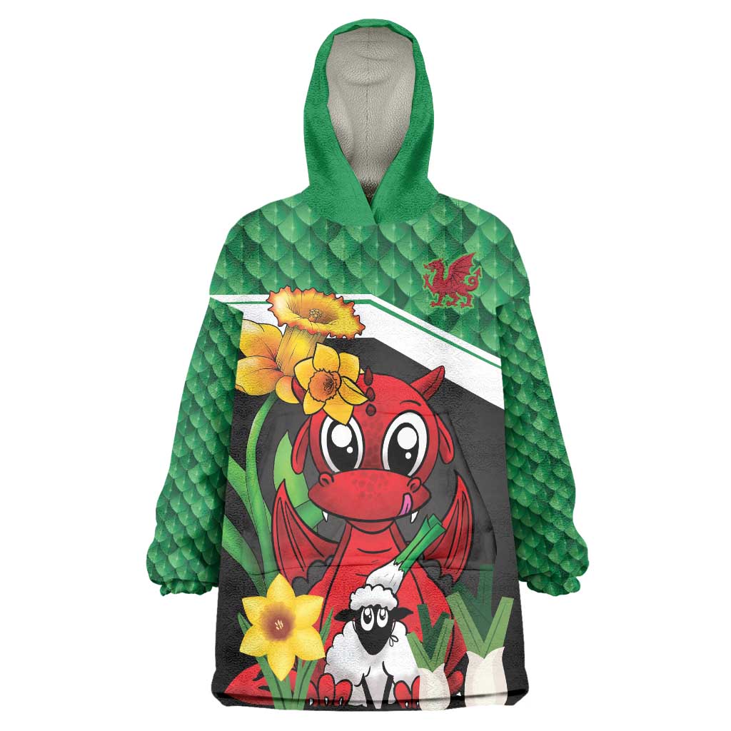 Saint David's Day Personalized Wearable Blanket Hoodie Green Welsh Dragon Daffodil Sheep Leak - Wonder Print Shop