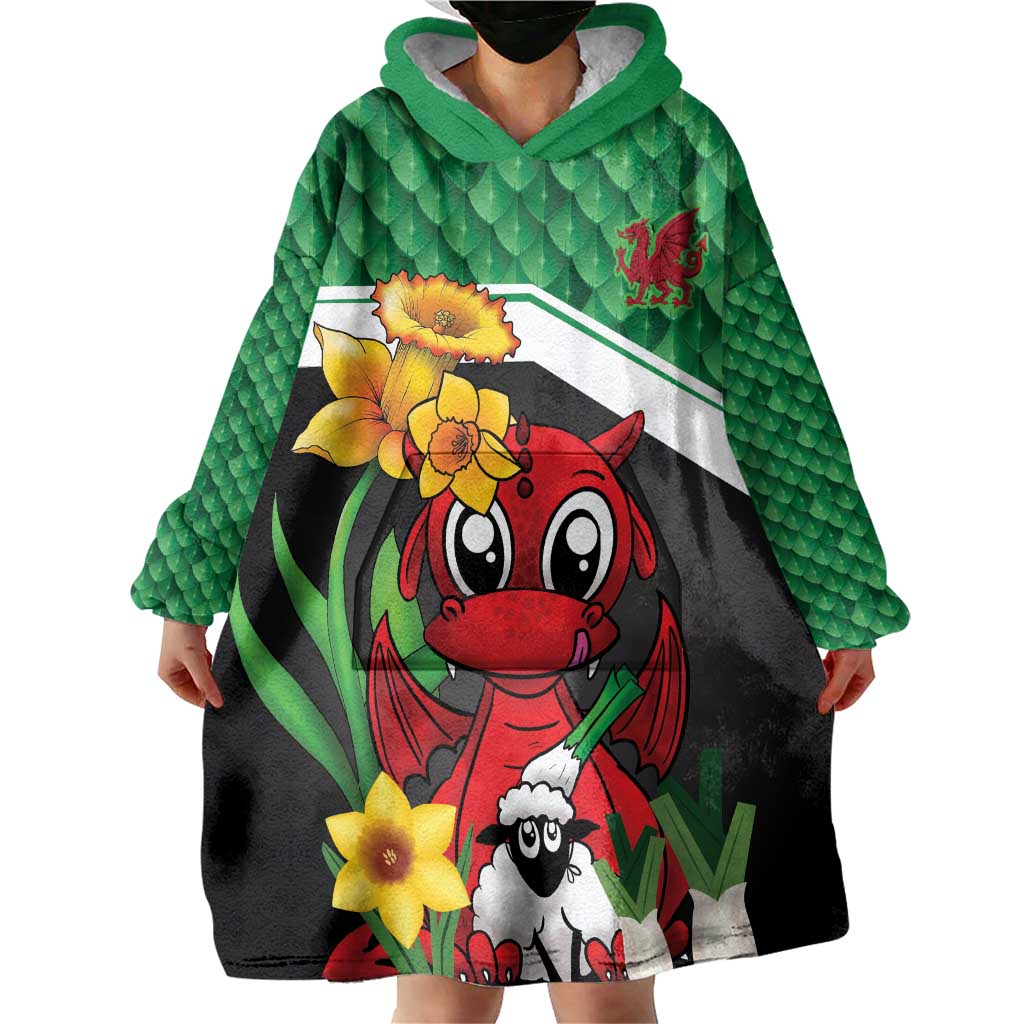 Saint David's Day Personalized Wearable Blanket Hoodie Green Welsh Dragon Daffodil Sheep Leak - Wonder Print Shop