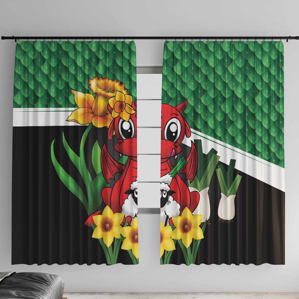 Saint David's Day Window Curtain Green Welsh Dragon Daffodil Sheep Leak - Wonder Print Shop