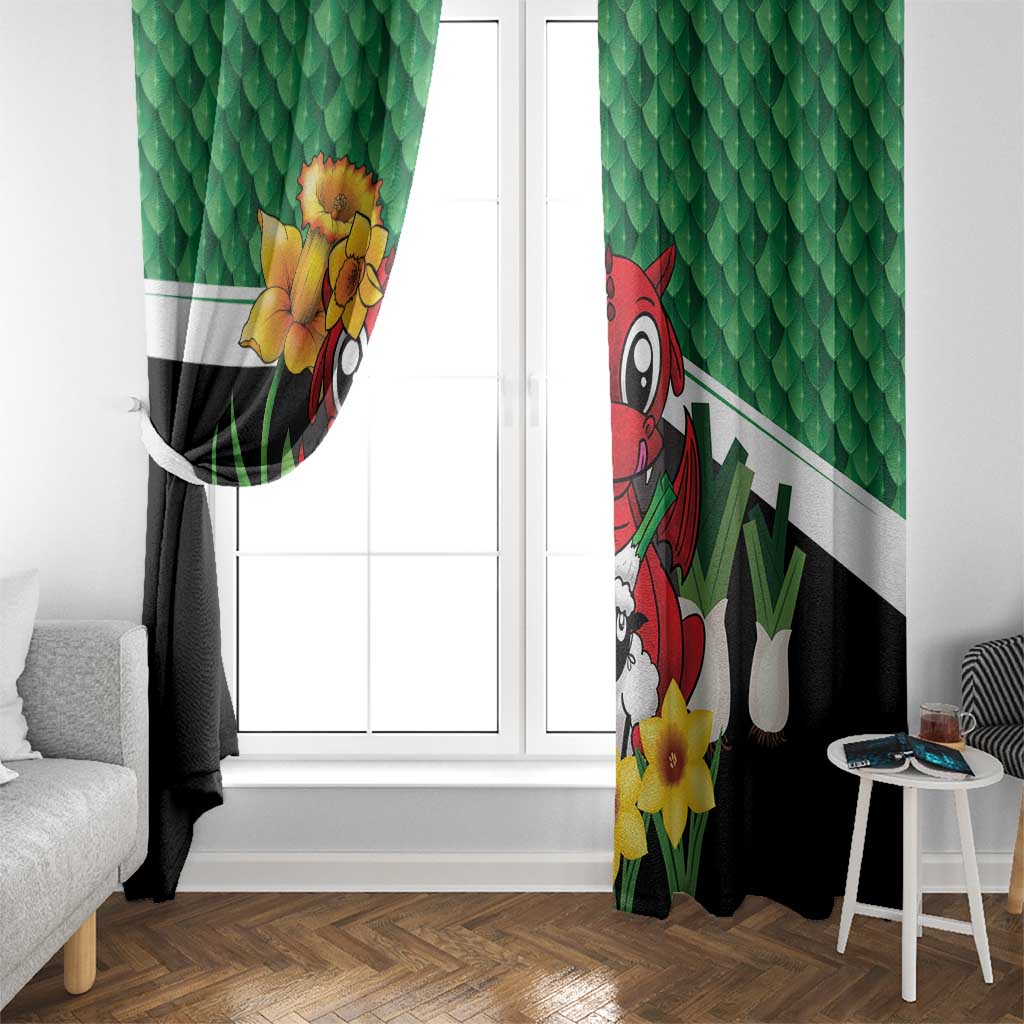Saint David's Day Window Curtain Green Welsh Dragon Daffodil Sheep Leak - Wonder Print Shop