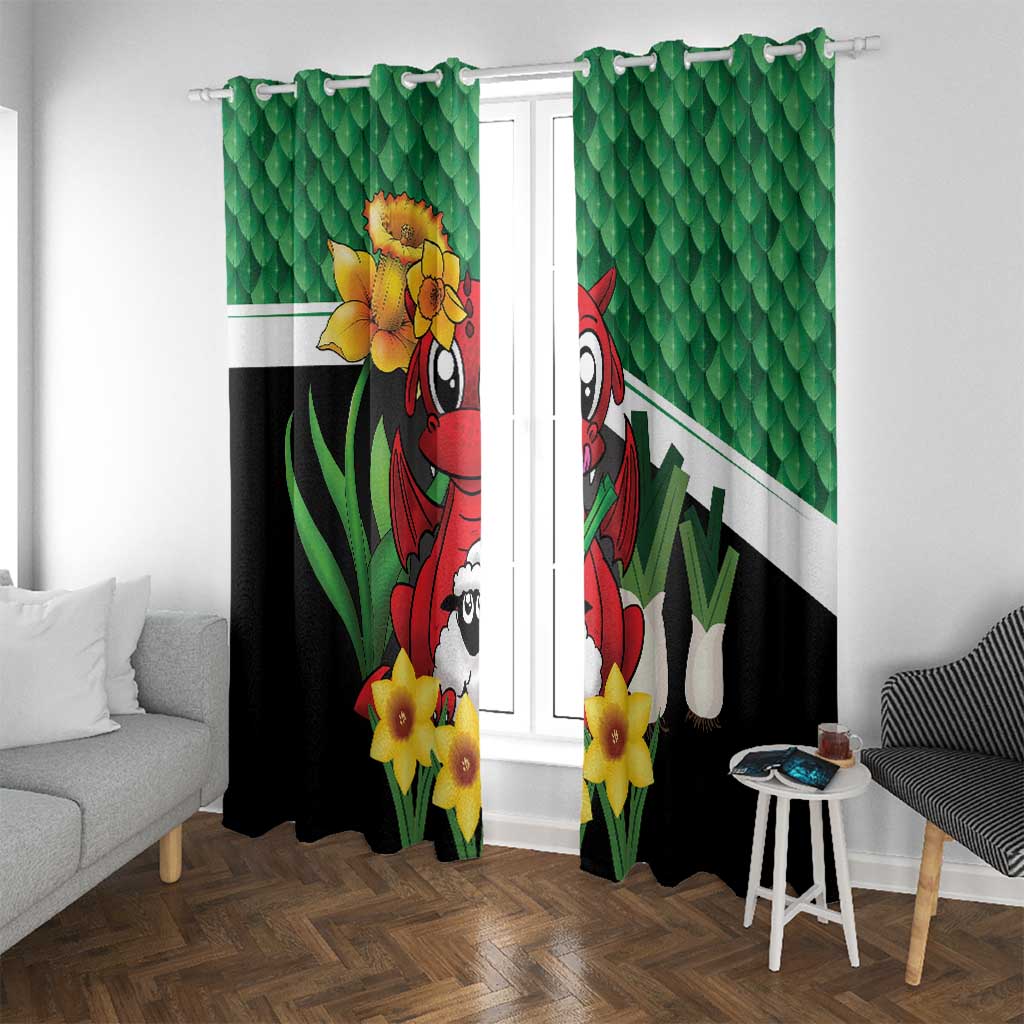 Saint David's Day Window Curtain Green Welsh Dragon Daffodil Sheep Leak - Wonder Print Shop