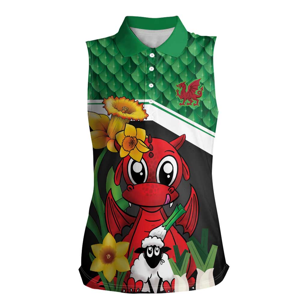 Saint David's Day Personalized Women Sleeveless Polo Shirt Green Welsh Dragon Daffodil Sheep Leak - Wonder Print Shop