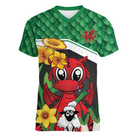 Saint David's Day Personalized Women V-Neck T-Shirt Green Welsh Dragon Daffodil Sheep Leak - Wonder Print Shop