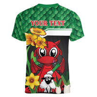 Saint David's Day Personalized Women V-Neck T-Shirt Green Welsh Dragon Daffodil Sheep Leak - Wonder Print Shop