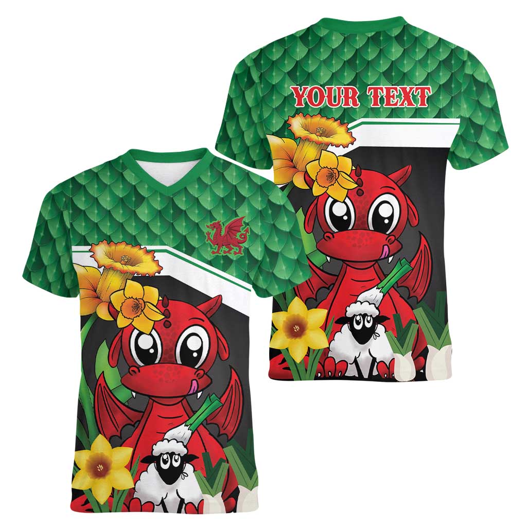 Saint David's Day Personalized Women V-Neck T-Shirt Green Welsh Dragon Daffodil Sheep Leak - Wonder Print Shop