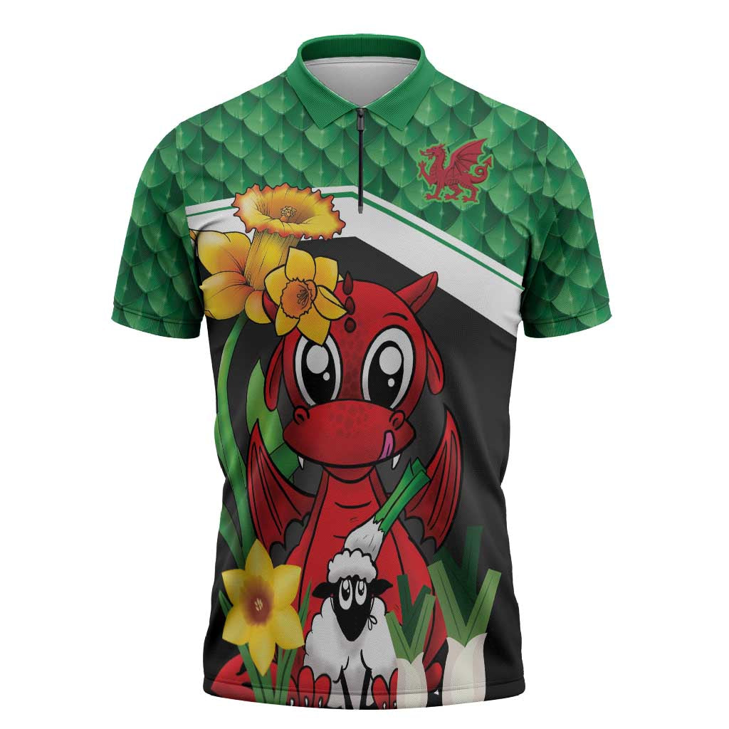 Saint David's Day Personalized Zipper Polo Shirt Green Welsh Dragon Daffodil Sheep Leak - Wonder Print Shop