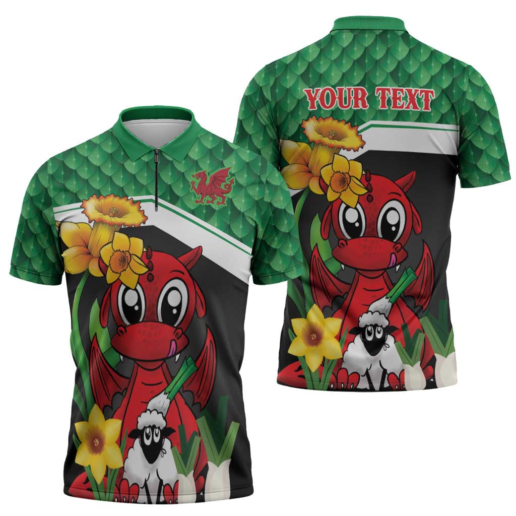 Saint David's Day Personalized Zipper Polo Shirt Green Welsh Dragon Daffodil Sheep Leak - Wonder Print Shop