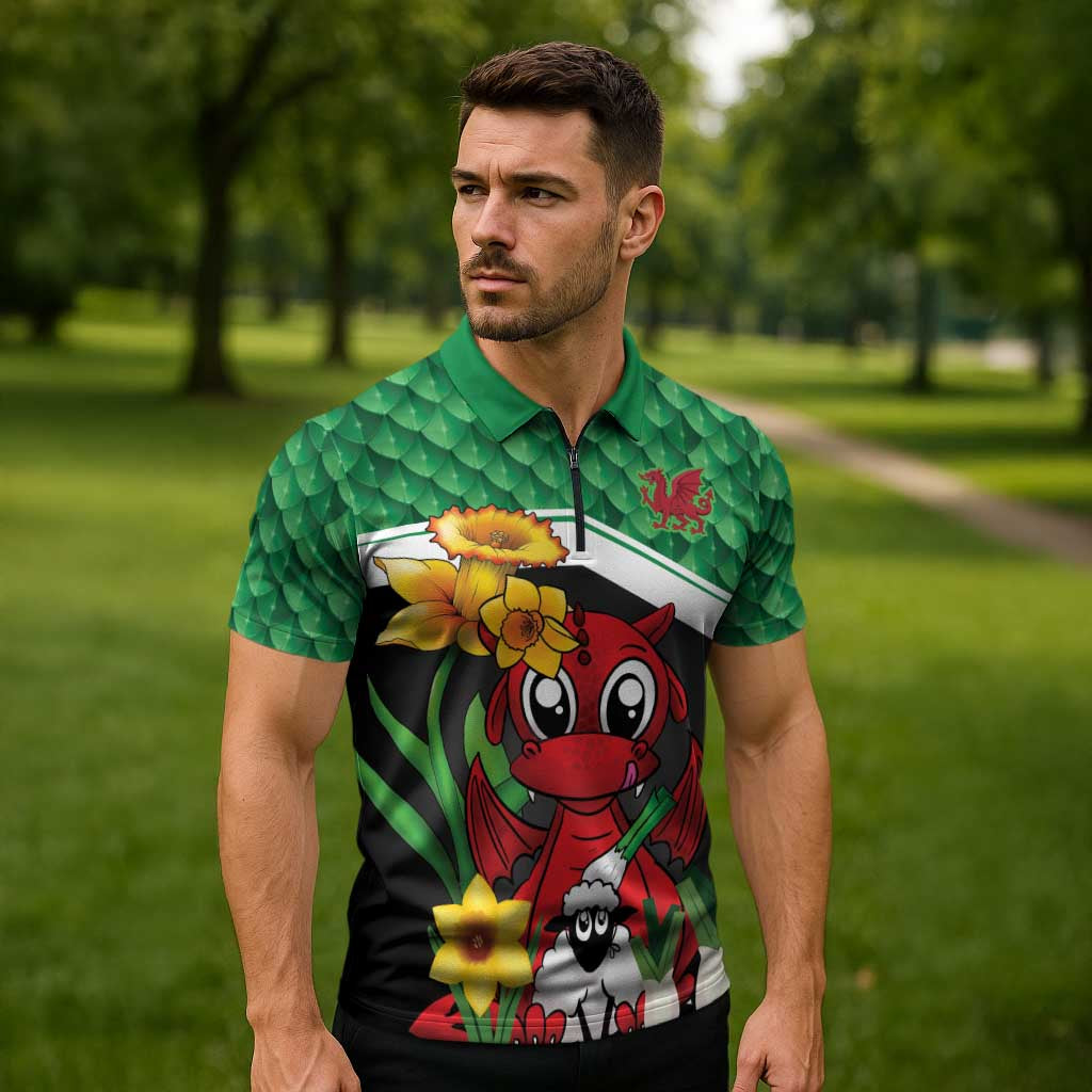 Saint David's Day Personalized Zipper Polo Shirt Green Welsh Dragon Daffodil Sheep Leak - Wonder Print Shop