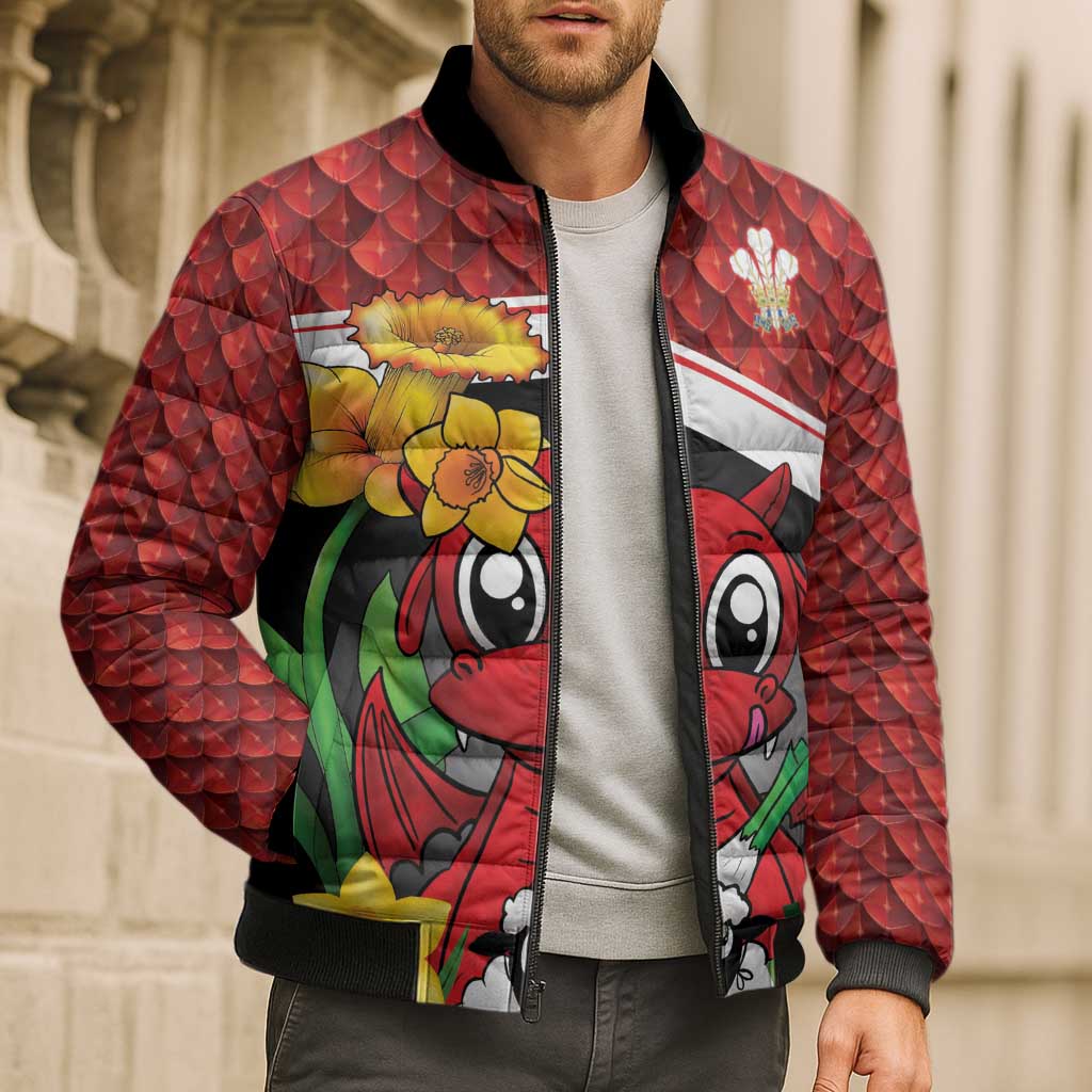 Saint David's Day Personalized Bomber Puffer Jacket Red Welsh Dragon Daffodil Sheep Leak - Wonder Print Shop