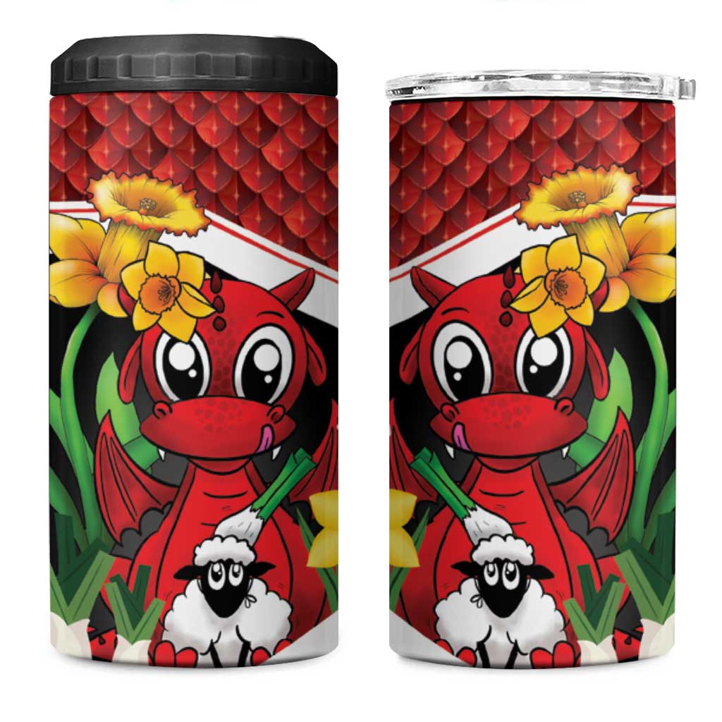 Saint David's Day Personalized 4 in 1 Can Cooler Tumbler Red Welsh Dragon Daffodil Sheep Leak - Wonder Print Shop