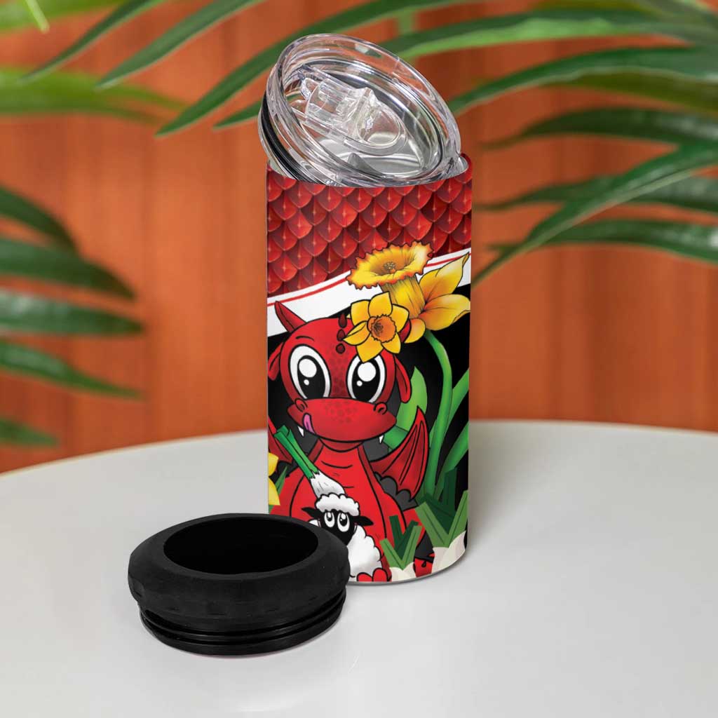 Saint David's Day Personalized 4 in 1 Can Cooler Tumbler Red Welsh Dragon Daffodil Sheep Leak - Wonder Print Shop
