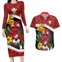 Saint David's Day Personalized Couples Matching Long Sleeve Bodycon Dress and Hawaiian Shirt Red Welsh Dragon Daffodil Sheep Leak - Wonder Print Shop