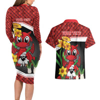 Saint David's Day Personalized Couples Matching Long Sleeve Bodycon Dress and Hawaiian Shirt Red Welsh Dragon Daffodil Sheep Leak - Wonder Print Shop