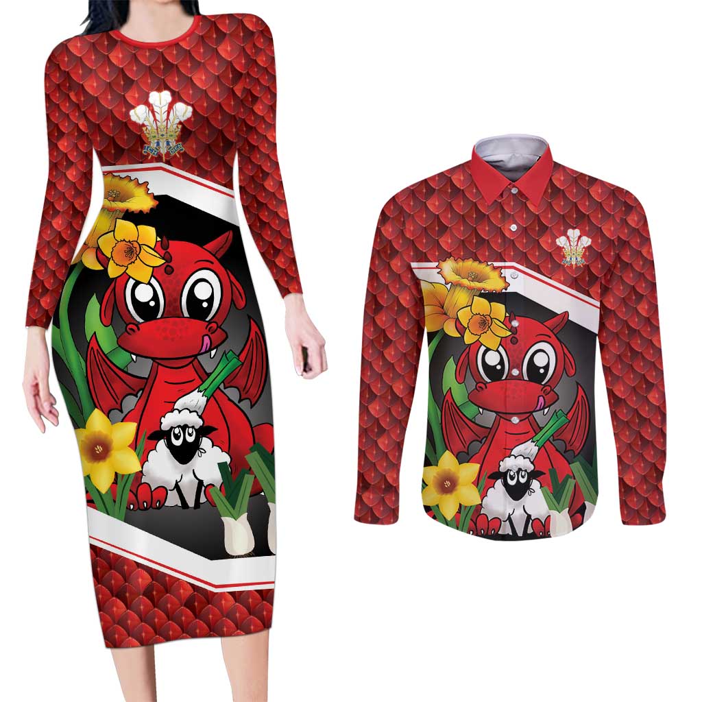 Saint David's Day Personalized Couples Matching Long Sleeve Bodycon Dress and Long Sleeve Button Shirt Red Welsh Dragon Daffodil Sheep Leak - Wonder Print Shop