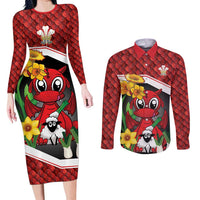 Saint David's Day Personalized Couples Matching Long Sleeve Bodycon Dress and Long Sleeve Button Shirt Red Welsh Dragon Daffodil Sheep Leak - Wonder Print Shop
