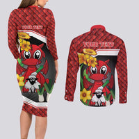 Saint David's Day Personalized Couples Matching Long Sleeve Bodycon Dress and Long Sleeve Button Shirt Red Welsh Dragon Daffodil Sheep Leak - Wonder Print Shop