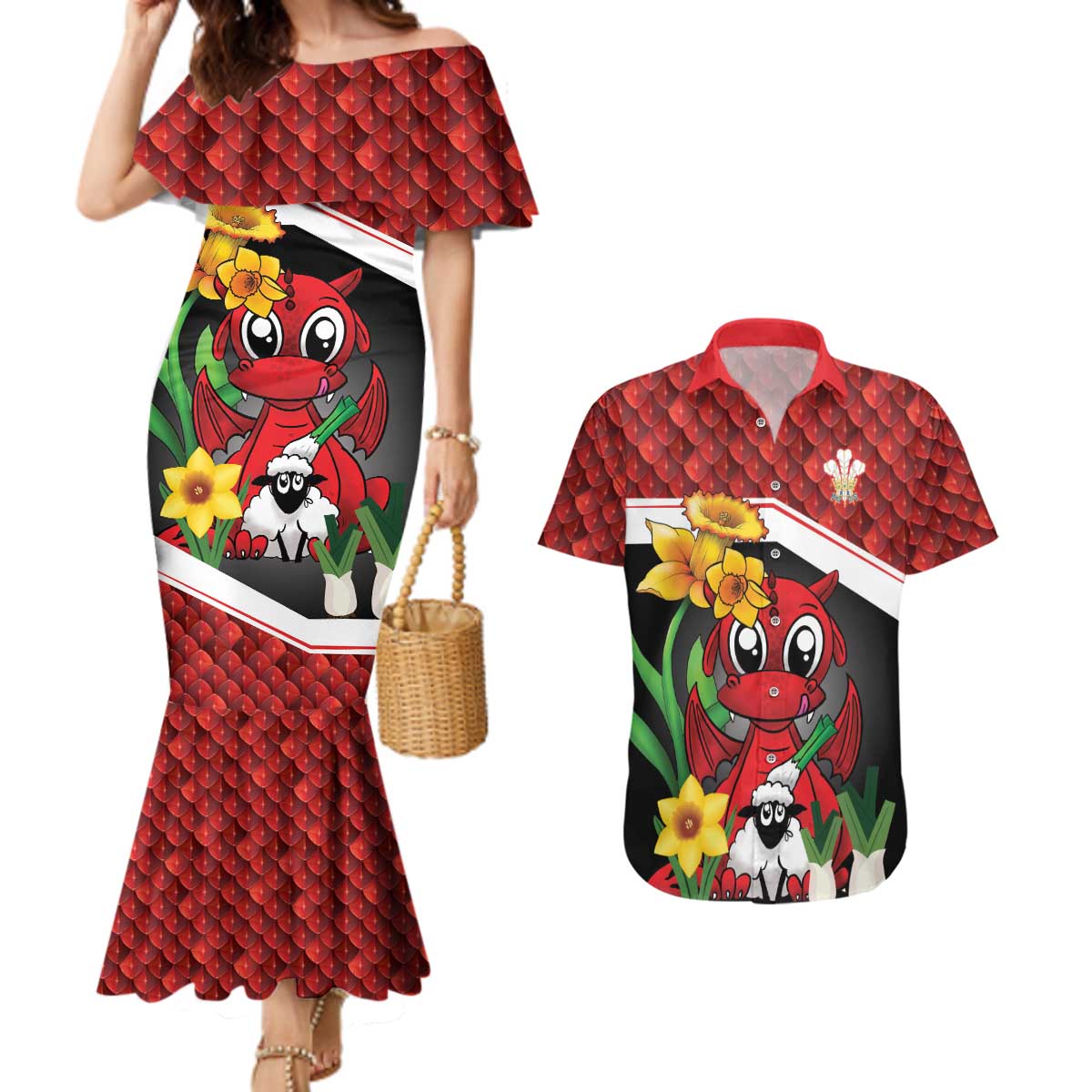Saint David's Day Personalized Couples Matching Mermaid Dress and Hawaiian Shirt Red Welsh Dragon Daffodil Sheep Leak - Wonder Print Shop