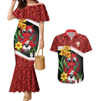 Saint David's Day Personalized Couples Matching Mermaid Dress and Hawaiian Shirt Red Welsh Dragon Daffodil Sheep Leak - Wonder Print Shop