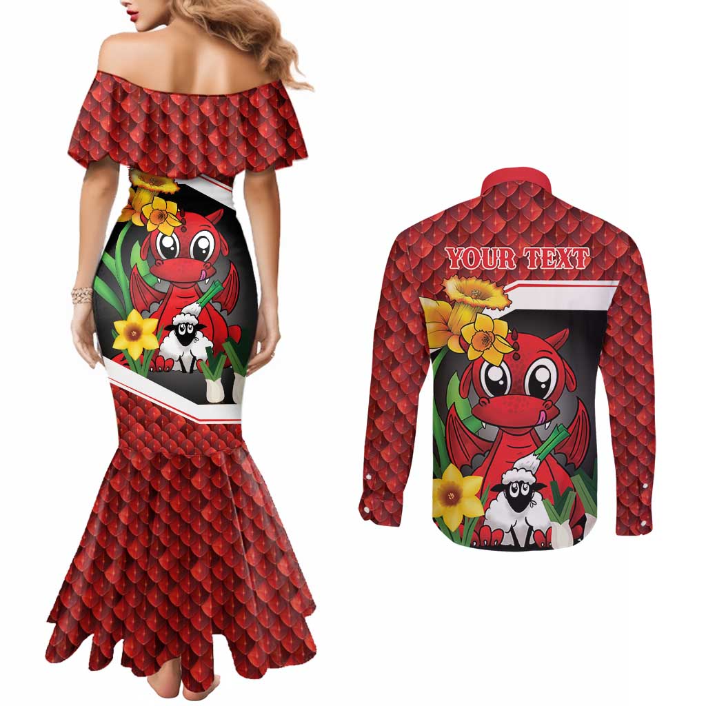 Saint David's Day Personalized Couples Matching Mermaid Dress and Long Sleeve Button Shirt Red Welsh Dragon Daffodil Sheep Leak - Wonder Print Shop