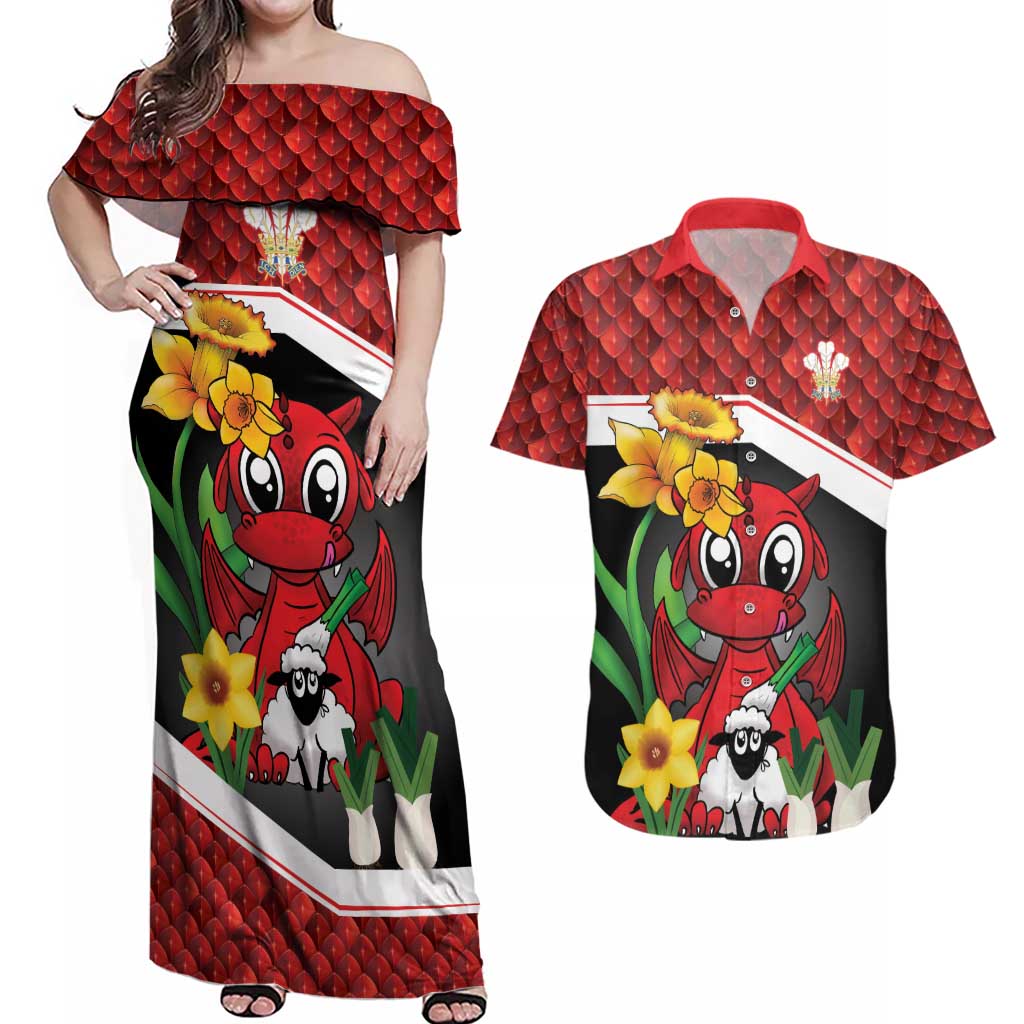 Saint David's Day Personalized Couples Matching Off Shoulder Maxi Dress and Hawaiian Shirt Red Welsh Dragon Daffodil Sheep Leak - Wonder Print Shop