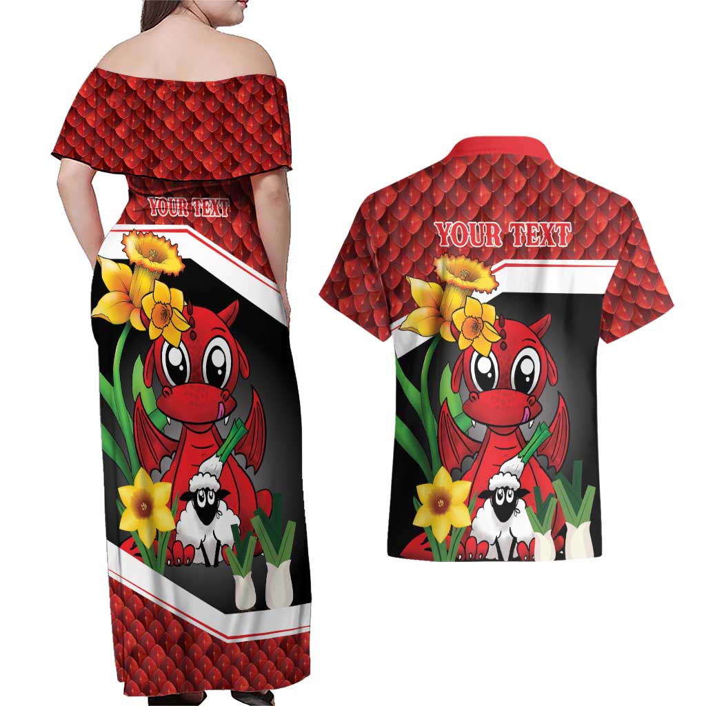 Saint David's Day Personalized Couples Matching Off Shoulder Maxi Dress and Hawaiian Shirt Red Welsh Dragon Daffodil Sheep Leak - Wonder Print Shop