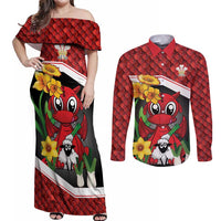 Saint David's Day Personalized Couples Matching Off Shoulder Maxi Dress and Long Sleeve Button Shirt Red Welsh Dragon Daffodil Sheep Leak - Wonder Print Shop
