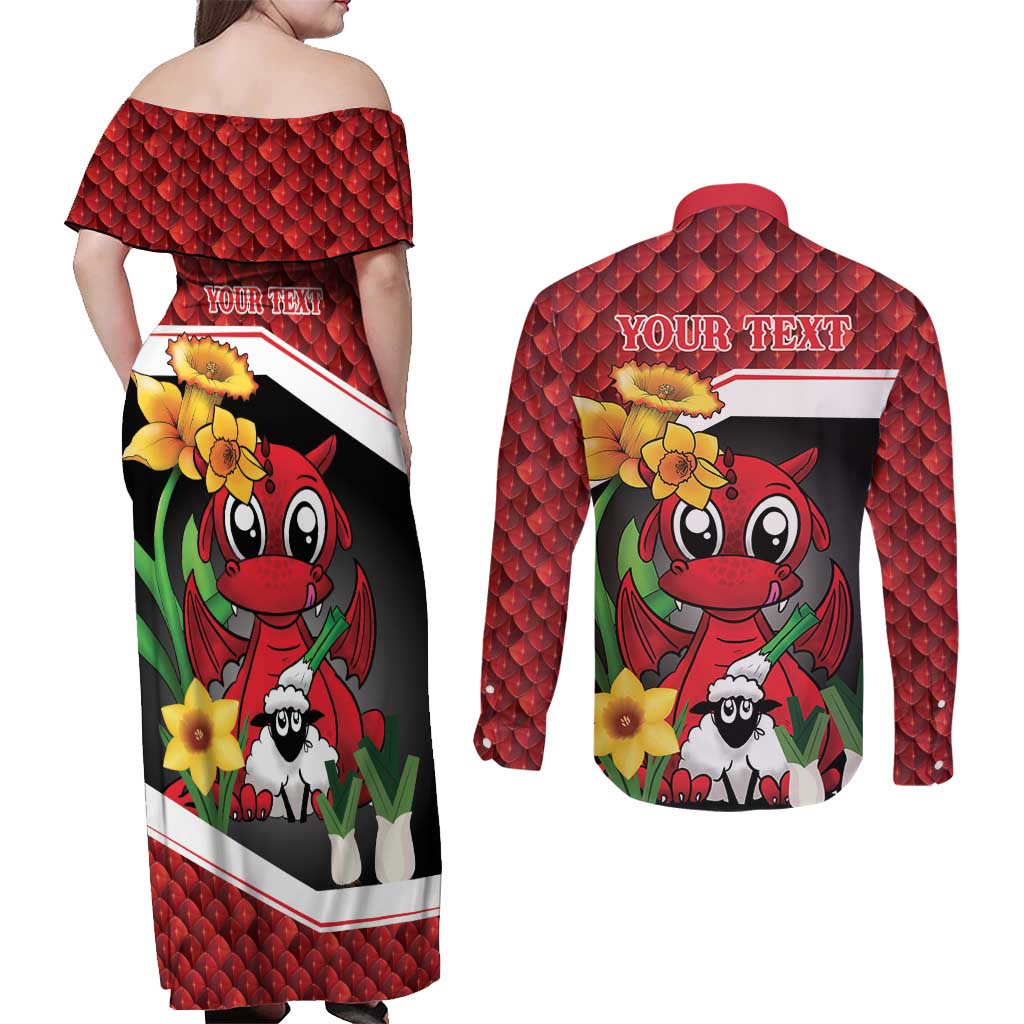 Saint David's Day Personalized Couples Matching Off Shoulder Maxi Dress and Long Sleeve Button Shirt Red Welsh Dragon Daffodil Sheep Leak - Wonder Print Shop