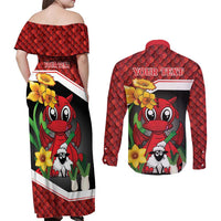 Saint David's Day Personalized Couples Matching Off Shoulder Maxi Dress and Long Sleeve Button Shirt Red Welsh Dragon Daffodil Sheep Leak - Wonder Print Shop