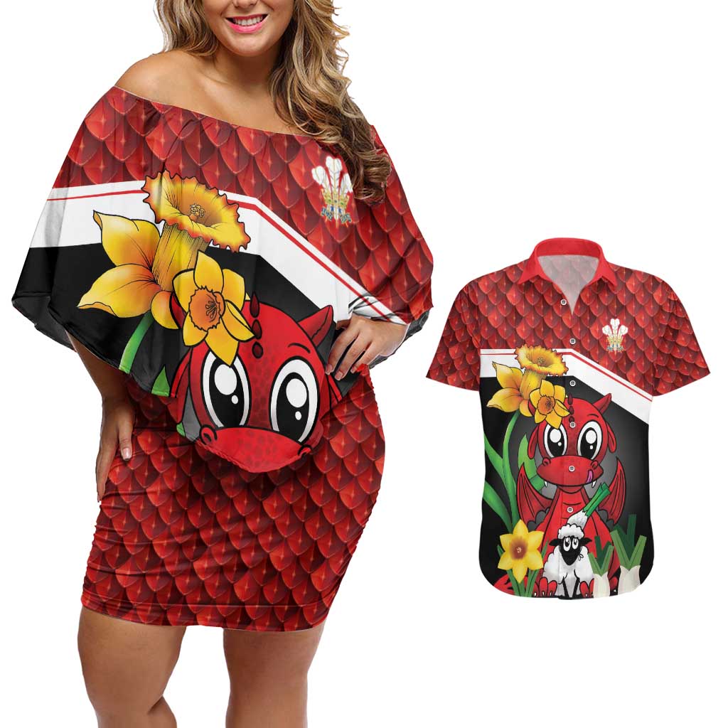 Saint David's Day Personalized Couples Matching Off Shoulder Short Dress and Hawaiian Shirt Red Welsh Dragon Daffodil Sheep Leak - Wonder Print Shop