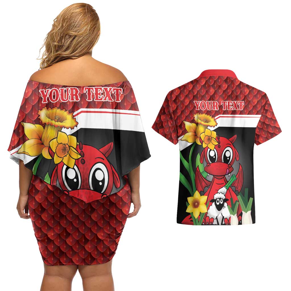 Saint David's Day Personalized Couples Matching Off Shoulder Short Dress and Hawaiian Shirt Red Welsh Dragon Daffodil Sheep Leak - Wonder Print Shop