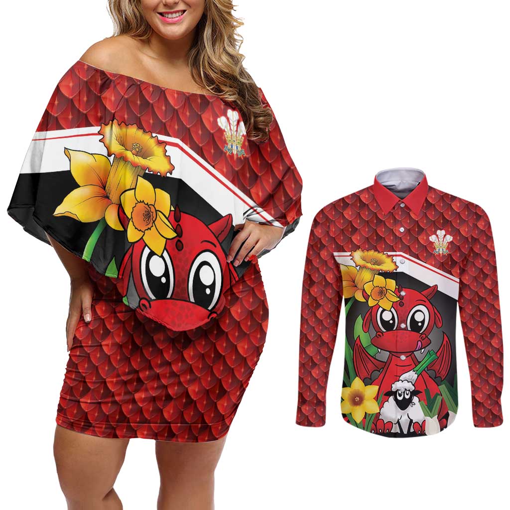 Saint David's Day Personalized Couples Matching Off Shoulder Short Dress and Long Sleeve Button Shirt Red Welsh Dragon Daffodil Sheep Leak - Wonder Print Shop