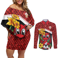 Saint David's Day Personalized Couples Matching Off Shoulder Short Dress and Long Sleeve Button Shirt Red Welsh Dragon Daffodil Sheep Leak - Wonder Print Shop