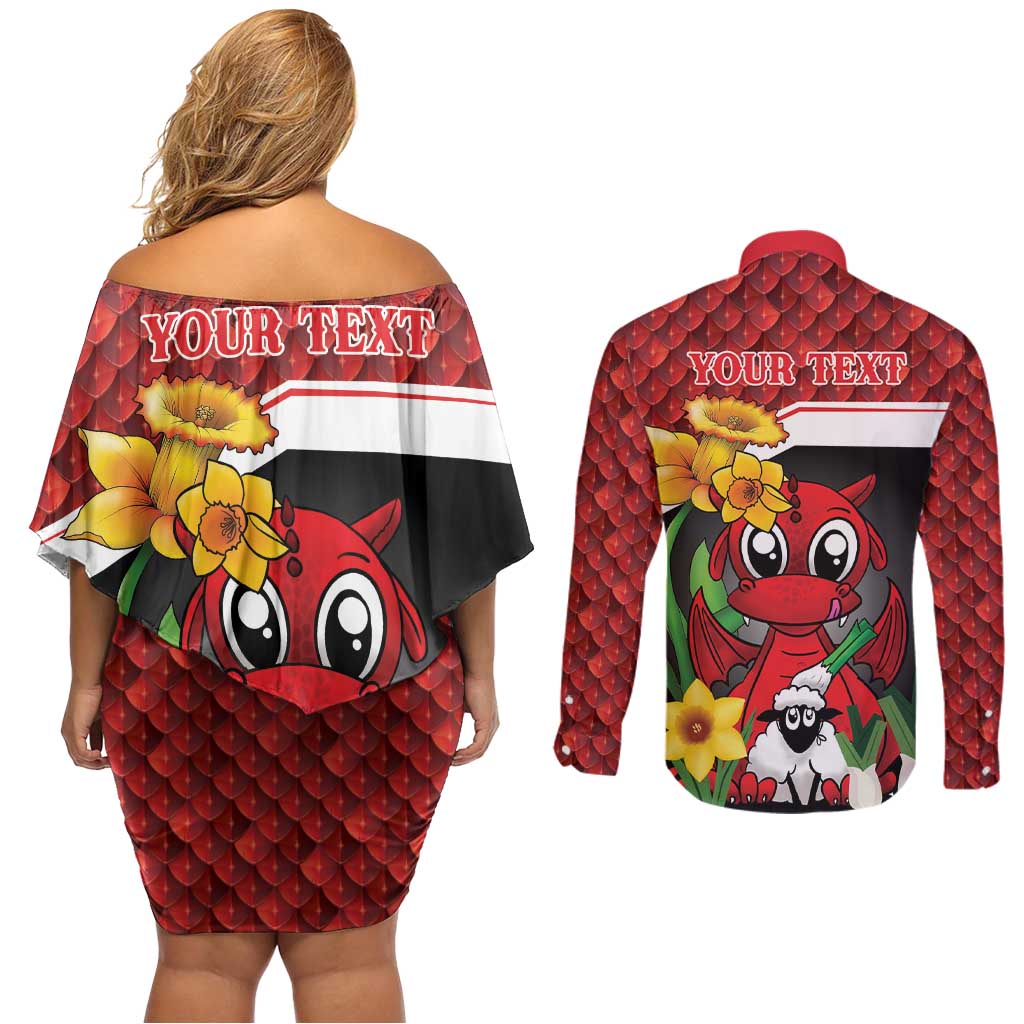 Saint David's Day Personalized Couples Matching Off Shoulder Short Dress and Long Sleeve Button Shirt Red Welsh Dragon Daffodil Sheep Leak - Wonder Print Shop