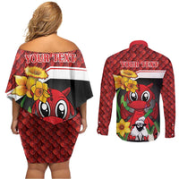 Saint David's Day Personalized Couples Matching Off Shoulder Short Dress and Long Sleeve Button Shirt Red Welsh Dragon Daffodil Sheep Leak - Wonder Print Shop